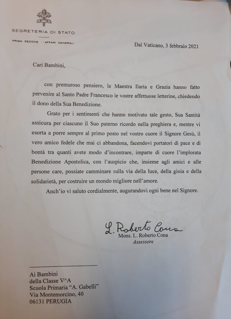 Lettera del Santo Padre ai Bambini della V A Gabelli
