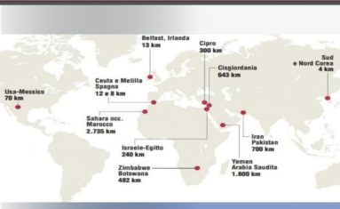 planisfero e localizzazione di alcuni muri come Messico USA