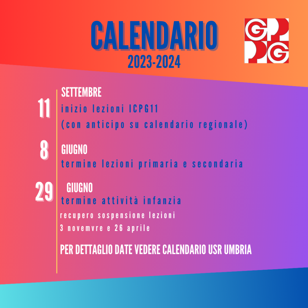 calendario 2023-2024. La scuola inizia 11 settembre e termina 8 giugno. I due giorni di anticipo si recuperano compe sospensione lezioni il 3 novembre e il 26 aprile. Per il resto si segue il calendario regionale